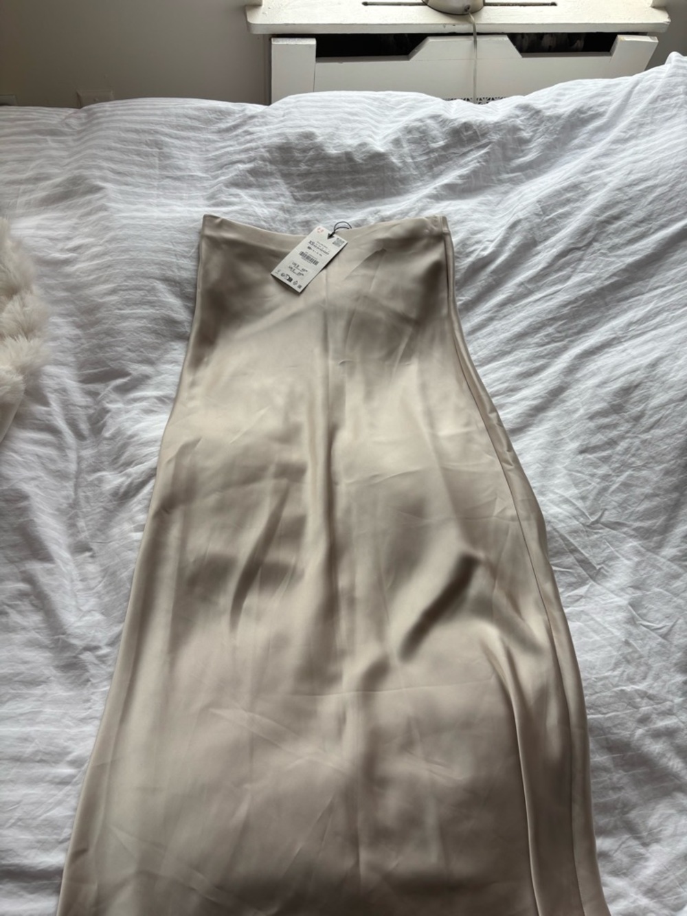 Zara Satin Maxi Skirt in Light Beige